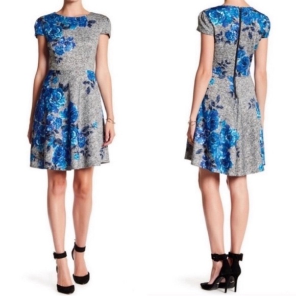 EUC Betsey Johnson Puff Cap Sleeve Blue Floral Roses Fit & Flare Skater Dress - Picture 3 of 11